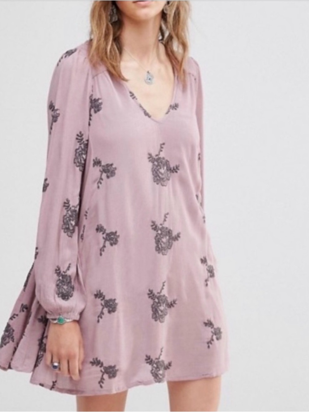 Free people emma austin swing dress purple elderberry embroidery Fall floral M
